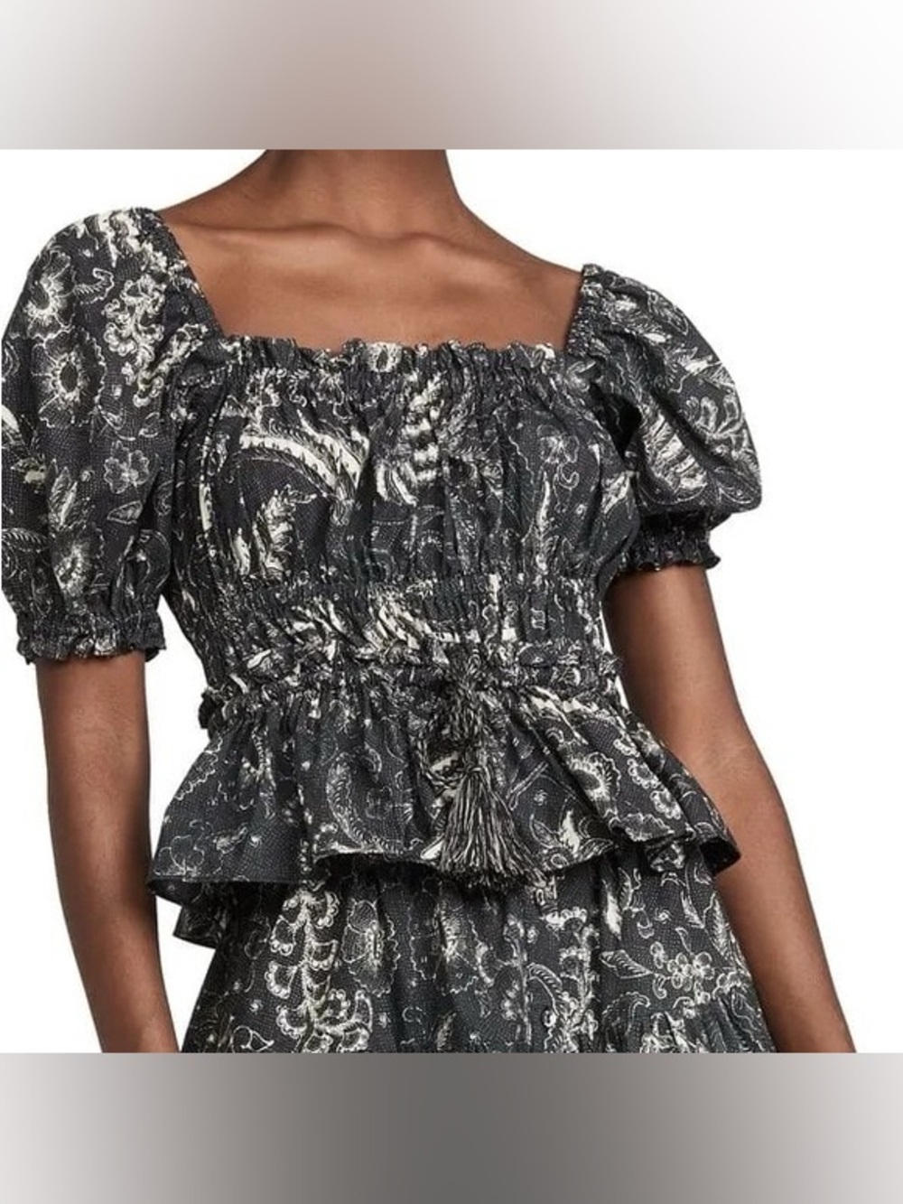 Ulla Johnson Evita Black and White Paisley Smocked Peasant Top